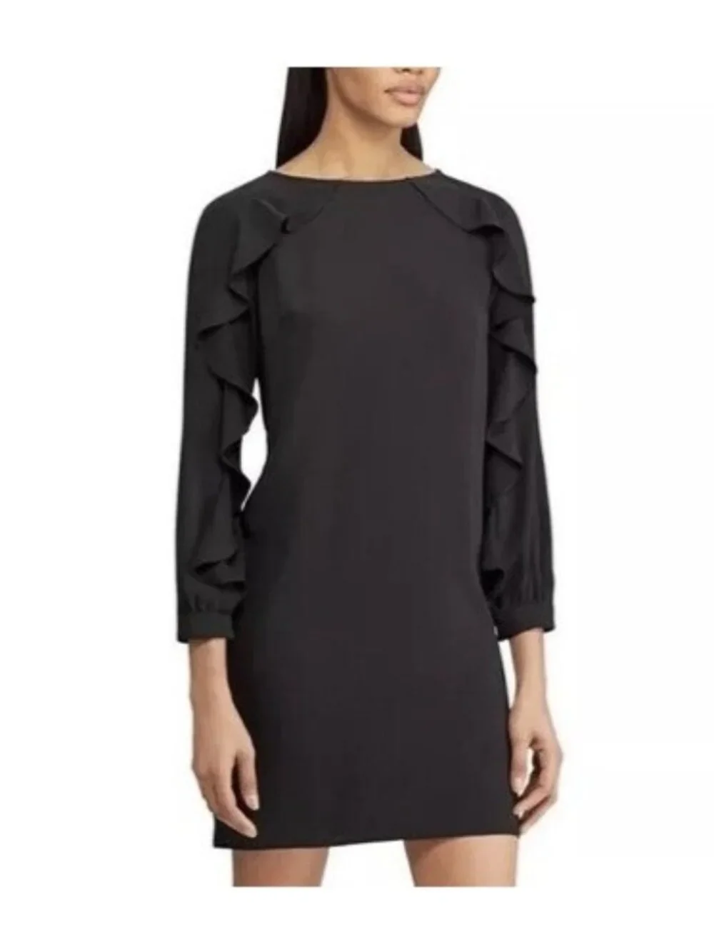 Chaps Black Ruffle Long Sleeve Shift Dress Size 12 Classic All-Season Wedding